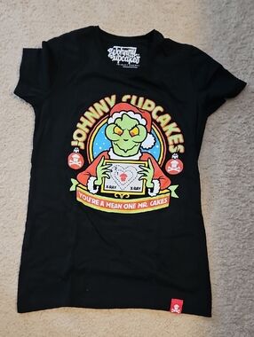 Johnny Cupcakes Black Tee with Green Grinch X-Ray Graphic and Red Accents
